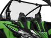 Spike rear windshield for Kawasaki KRX 1000 2-seat: rear windshield behind the seats of a green Kawasaki Teryx KRX