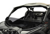 Spike short windshield for Can-Am Maverick X3 and X3 MAX: tinted short windshield on a black UTV, front corner view on white