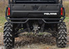 Straight-on rear view of the SuperATV tube rear bumper below the Polaris Ranger tailgate