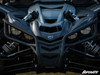 SuperATV black tube front bumper installed on a dark gray Yamaha YXZ, straight-on front view of the headlights