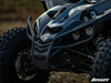 Front three-quarter close-up of the SuperATV bumper and headlights on the Yamaha YXZ, tire in the foreground