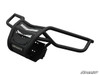 SuperATV Yamaha YXZ front bumper alone on white, black steel tube with mesh center panel and skid plate, angled view
