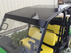 Extreme Metal Products black hard top installed on a John Deere Gator XUV S4 with yellow seats, front three-quarter view