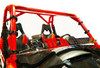 Front view of the Spike Powersports vented windshield with both sliding vents on the orange Can-Am Maverick
