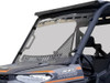 Close side view of the Spike Powersports windshield on the Polaris Ranger showing the top vent slots and mesh side vent