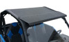 Rear three-quarter view of the black Spike Powersports hard roof on the blue Polaris General with rear window