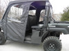 Rear soft door of the 3 Star cab enclosure swung open on a black Kawasaki Mule, showing the rear seat and interior