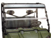Seizmik Versa Flip acrylic windshield installed on an olive green Polaris Ranger full size, front view with panel closed