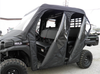 Front door of the 3 Star enclosure unzipped and folded back on a Kawasaki Mule ProFXT, front three-quarter view