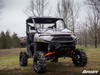 SuperATV flip-down windshield on a gray and orange Polaris side-by-side with mud tires, front view