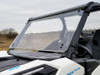 Front three-quarter view of the Spike Powersports windshield closed on the white Can Am Maverick Trail