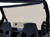 Side angle of the Spike Powersports tinted rear shield behind the Can-Am Maverick seats showing the vent thumb screws