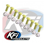 KFI wear bar mounting hardware, eight yellow zinc carriage bolts with flange nuts laid out in a row