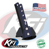 KFI UTV plow lever lift, a black slotted lever on a base plate with pin, side view