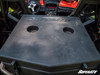 Top view of the SuperATV Maverick cargo box lid with molded logo and two cup holder recesses, looking into the cab