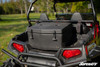 Rear close-up of the black SuperATV cargo box mounted in the Polaris RZR 800 bed between the tail lights