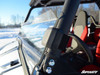 Close-up of the SuperATV half windshield cage clamp on the Yamaha Wolverine, red seats behind
