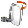 Rendering of the Seizmik mirror head folding on its ball mount, shown by a red arrow and ghosted mirror