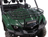 Seizmik hood rack mounted on a green Yamaha Viking with an LED light bar on the front edge, front three-quarter view