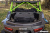 SuperATV insulated cargo box in black mounted in the bed of a Textron Wildcat XX with green cage, straight rear view