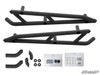 SuperATV Maverick X3 nerf bar kit laid out, two black tube bars, brackets, spacers and bagged hardware