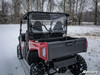 Rear view of the red Yamaha Wolverine X2 in snow with the SuperATV rear windshield above the dump bed
