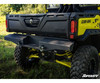 Low close-up of the SuperATV rear bumper center section and shackle mounts on a Can-Am Defender