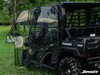 SuperATV rear door swung open on the Kawasaki Mule FXT showing the clear panel and tube door frame