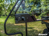 Close-up of the SuperATV door latch striker bracket mounted to the tube frame of the Kawasaki Mule cab