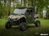 Front three-quarter view of the camo Yamaha Viking with SuperATV hard doors and enclosure in green woods