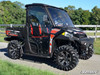 SuperATV full cab doors with clear upper windows installed on a red and white Polaris Ranger, front three-quarter view