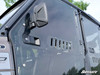 Close-up of the SuperATV door mirror mount and vent slots on the clear upper door of the Polaris Ranger
