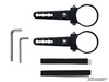 Pair of black SuperATV aluminum tube clamps with two hex keys and rubber inserts on a white background