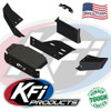 KFI Wildcat XX winch bumper parts laid out, black steel plates and brackets in an exploded view