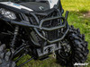 SuperATV winch mounting plate and hook installed behind the bumper of a Can-Am Maverick Trail, close-up
