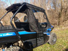 Rear three-quarter view of the Side X Side upper doors and soft rear window on a blue Kawasaki Teryx 2
