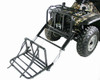 Great Day Power Loader game lift frame mounted on the front rack of a camouflage ATV, lowered to the ground