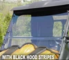 3 Star 2-piece windshield on a Cub Cadet Challenger with black hood stripes, front view showing the fold line
