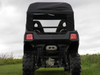 Straight rear view of a black side-by-side showing the 3 Star soft rear window panel and top