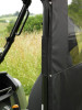 Close-up of the 3 Star soft back panel edge strapped to the rear cage pillar of a John Deere Gator HPX/XUV