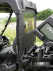 3 Star soft back panel with clear window installed behind the seats of a green John Deere Gator HPX/XUV, side view