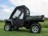 3 Star full cab enclosure with clear window doors on an olive green John Deere Gator HPX/XUV, side view