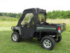 Driver side rear three-quarter view of the 3 Star soft doors and rear window on a green John Deere Gator XUV