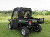 Rear three-quarter view of a green John Deere Gator XUV with 3 Star soft doors and rear window installed