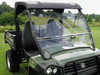 3 Star 2-piece windshield installed on a green John Deere Gator XUV, front three-quarter view showing the vented lower panel