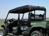 Rear three-quarter view of a 3 Star black soft top alone on the green John Deere Gator S4, no doors or windshield fitted