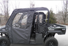 Driver side rear view of the 3 Star soft doors on a black Kawasaki Mule ProFXT showing the rear door and window
