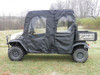 Side view of a camo Kubota RTV X1140 crew with the 3 Star full cab enclosure, four clear door windows