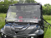 Front view of the 3 Star 2-piece windshield with vented lower panel on a black side-by-side with red seats
