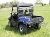 Rear three-quarter view of the 3 Star cab enclosure on the blue Massimo MSU showing the rear window and cargo bed